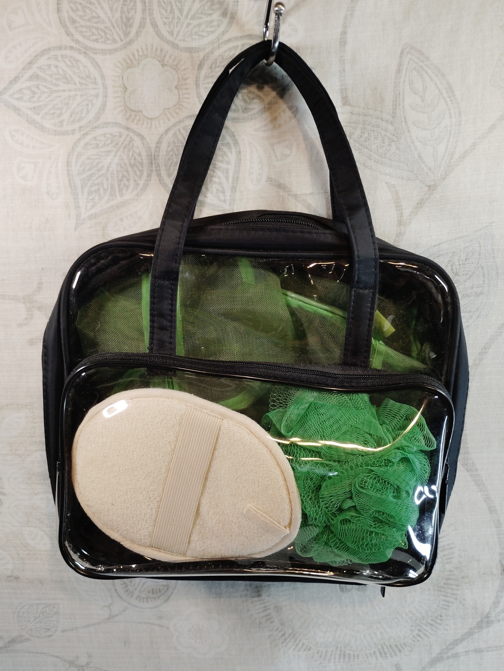 Clear Travel Toiletry Bag with Black Trim and Green Accents